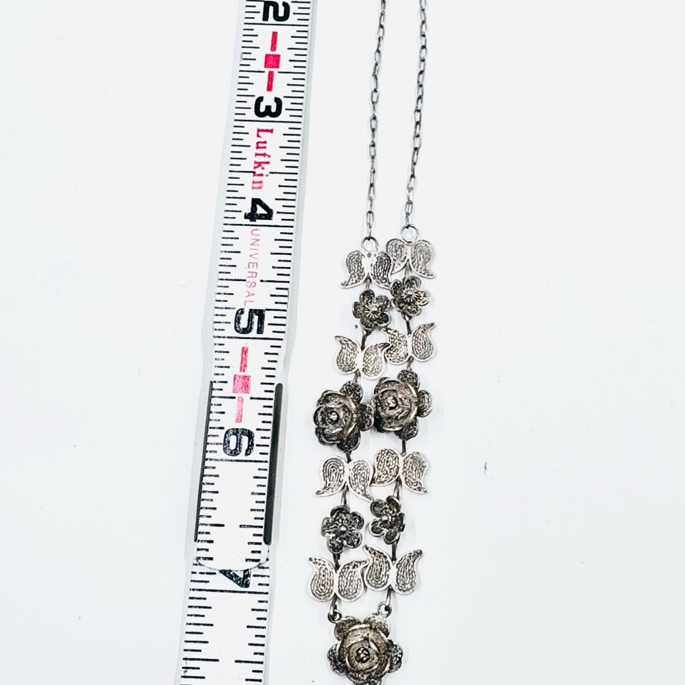 Rare ANTIQUE FILIGREE ROSE BLOSSOM STERING SILVER Necklace & Earrings Set - Picture 5 of 6